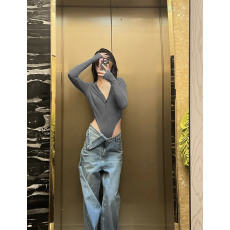 批发官图#40支莫代尔260克人棉辣妹连体<b class='q'>T</b><b class='q'>恤</b><b class='q'>欧美</b>灰色不规则纯欲v领