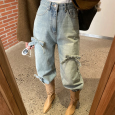 现 秋冬高腰直筒水洗蝴蝶结牛仔裤长裤