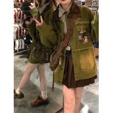 批发2023春秋新款童趣刺绣磨毛<b class='q'>牛仔</b><b class='q'>外套</b>女韩版宽松学生复古夹克上衣潮