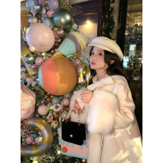 批发实拍实价～设计感蝴蝶结毛呢外套宽松中长款毛毛袖口斗篷呢子大衣