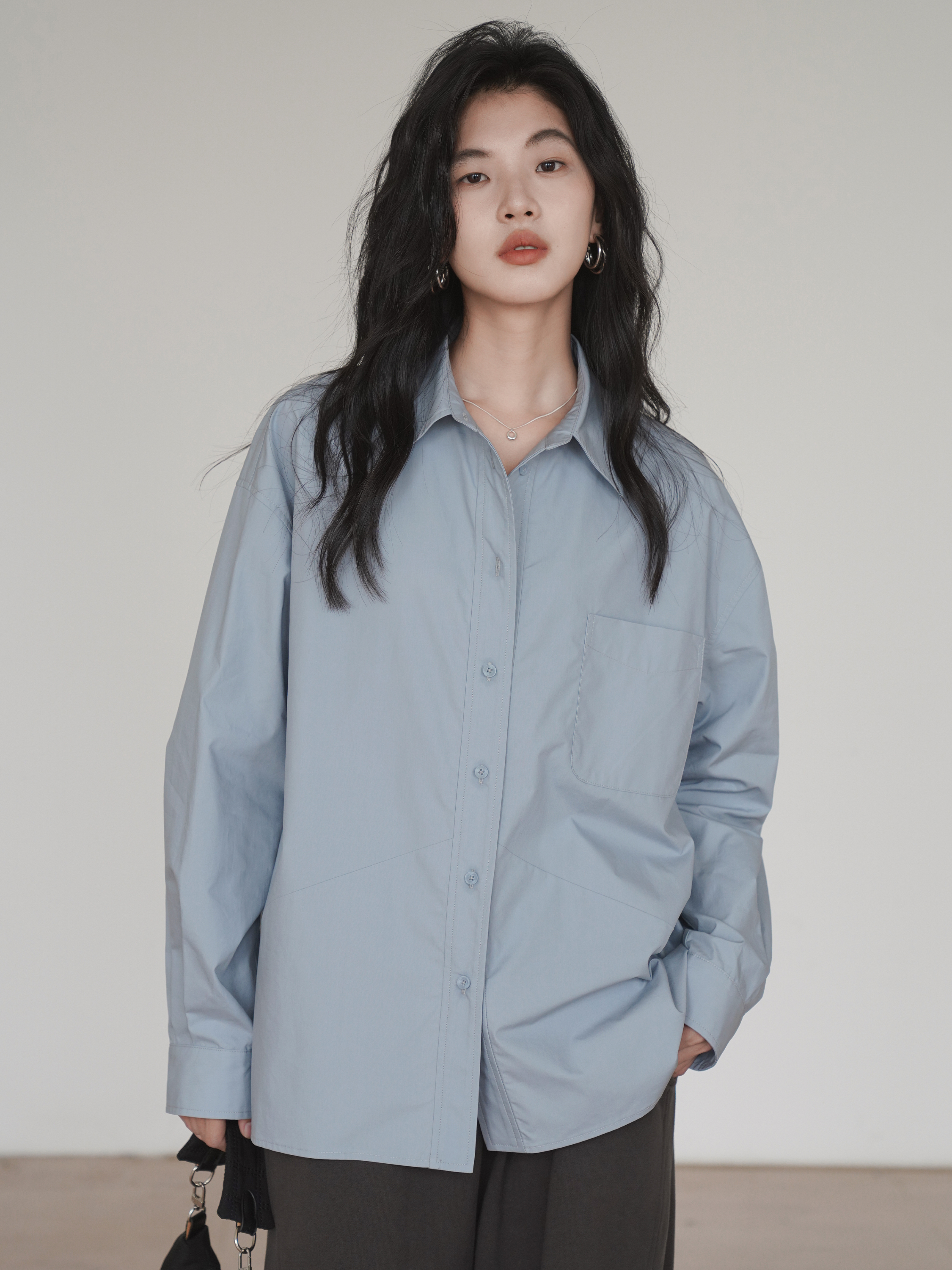EM August Rime blue pure cotton long-sleeved shirt new shirt for women autumn Hong Kong style casual design top