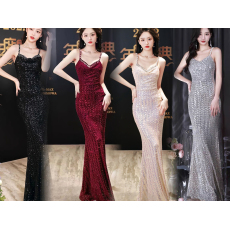 批发香槟金色吊带<b class='q'>礼服</b>生日亮片轻奢高级感鱼尾艺考少女感<b class='q'>伴娘</b>服连衣裙