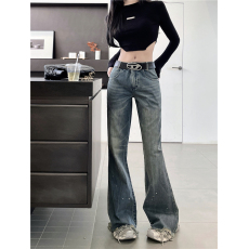 批发美式复古毛边<b class='q'>烫钻</b><b class='q'>牛仔裤</b>女水洗休闲宽松微辣长裤潮