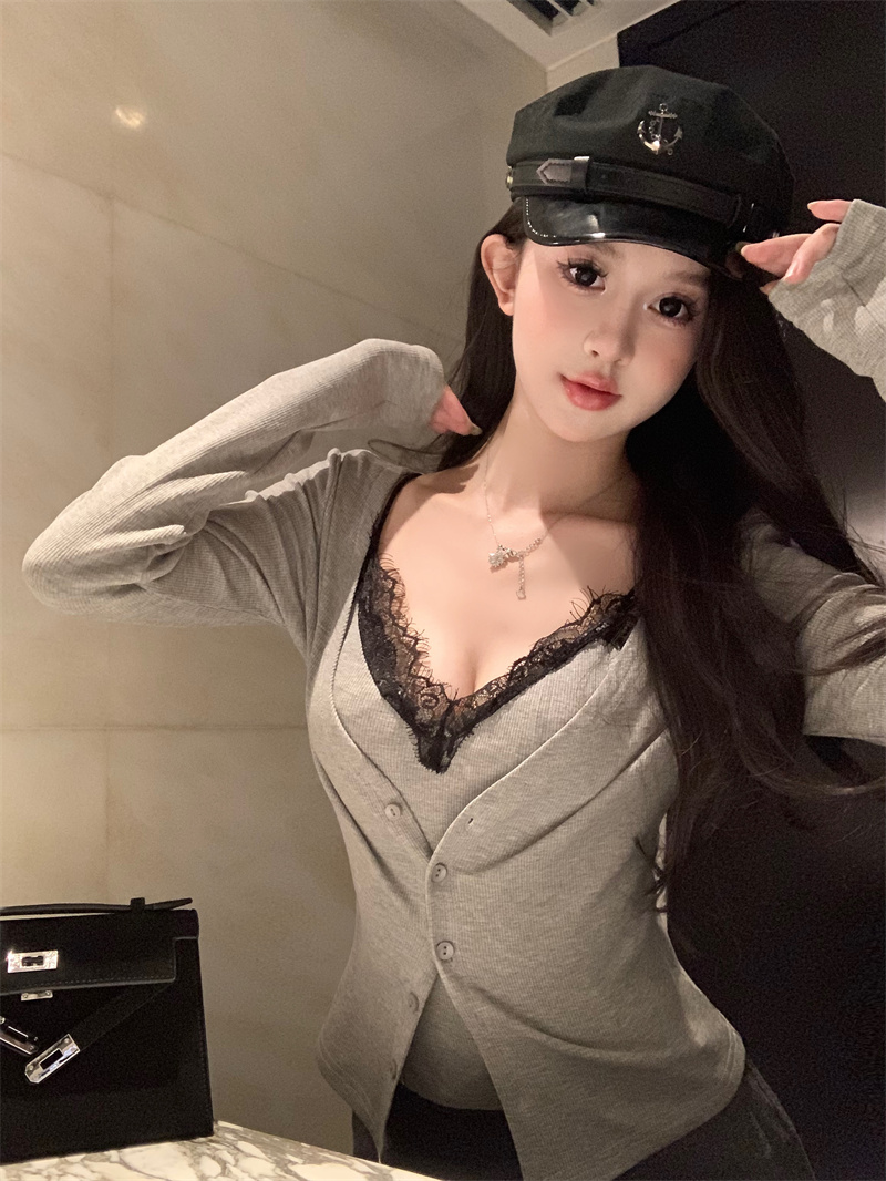 Real shot 2024 new pure lust lace plus velvet sexy suspender long-sleeved cardigan two-piece suit