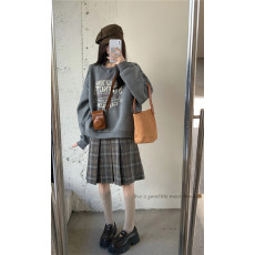 批发实拍实价~大码复古<b class='q'>婴儿</b>绒<b class='q'>卫衣</b>女字母宽松韩系上衣+格纹百褶半身裙