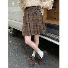 批发秋冬韩系高腰A<b class='q'>字</b>百褶<b class='q'>裙</b>皮扣设计复古格子毛呢半身短<b class='q'>裙</b>