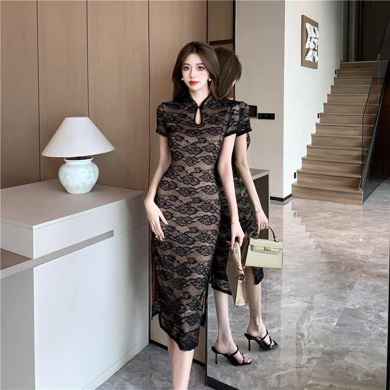 名媛改良式年轻款国风中式蕾丝开叉镂空旗袍连衣裙 服裝批發女裝批發服飾貨源