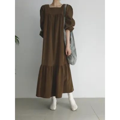 尺寸已更新 韩国chic 法式方领堆堆袖宽松灯芯绒连衣裙