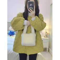 批发韩国潮流2023新款棉服男女设计感流苏泡泡袖菱格圆领保暖棉衣外套