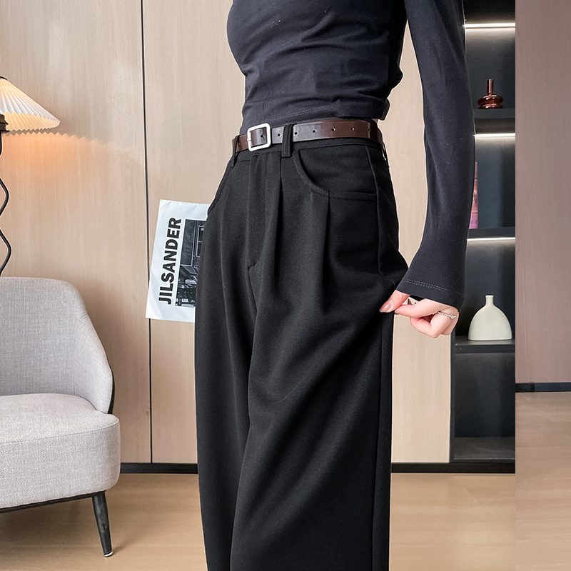 Autumn and winter thickened Maillard woolen straight-leg pants, loose casual wide-leg pants, warm straight-leg petite trousers