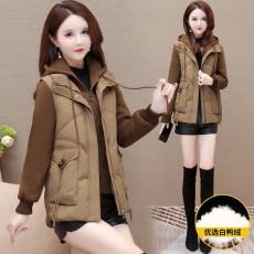 批发假两件拼接连帽保暖羽绒服女2025冬季新品气质减龄休闲白鸭绒外套