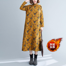 批发实拍棉麻碎花加绒加厚<b class='q'>连衣裙</b>大码女装斜襟盘旗袍裙子冬