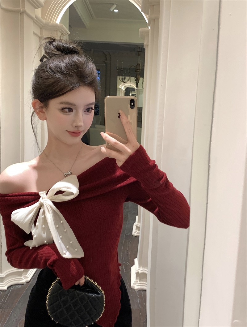 실사 정가 오프숄더 레이스업 나비 매듭 모조 캐시미어 두꺼운 기본 셔츠 크리스마스 레드 불규칙 긴팔 맨위