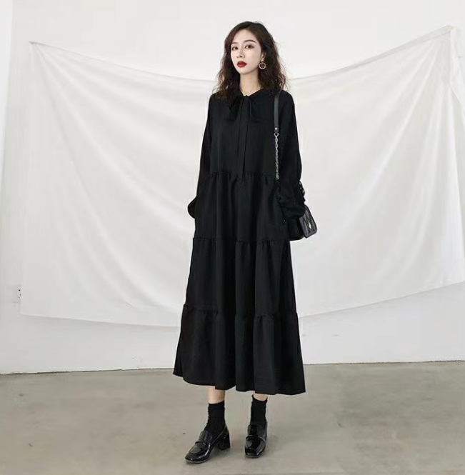 가을 의상 새로운 빅 사이즈 학원 스타일 슬림해 보이는 표지 배 연령 감소 지방 mm 드레스 여성의 아파트 꿀 치마