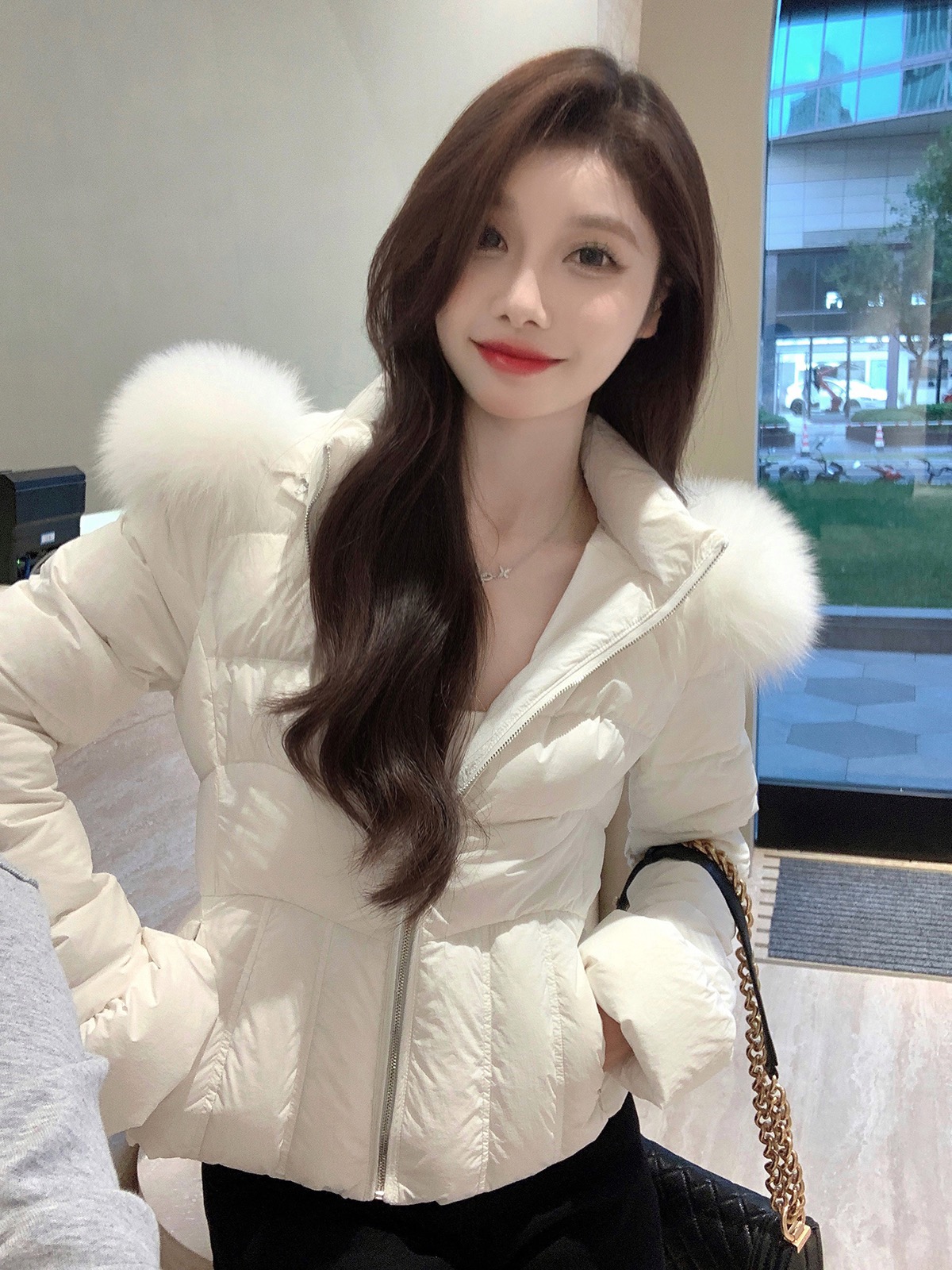 JustQinlulu腰秋冬新款90絨chao大狐狸毛領收腰羽絨服女外套