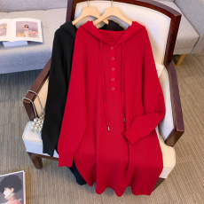 批发实拍大码女装秋冬针织连帽<b class='q'>连衣裙</b>胖mm宽松显瘦内搭打底毛衣长裙