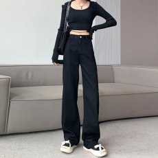 批发2023年<b class='q'>秋</b>季加绒黑色高腰阔腿牛仔裤男女直筒宽松小个子垂感拖地裤