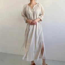 批发春秋新款棉麻连衣<b class='q'>裙</b>单排扣系带收腰显瘦过膝长款开衫<b class='q'>裙</b>