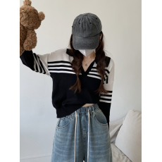 批发实拍大码女装秋冬新款韩版Polo领复古条纹显瘦减龄针织打底毛衣