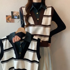 批发2023设计感拼接牛仔条纹假两件针织毛衣女时尚洋气长袖上衣