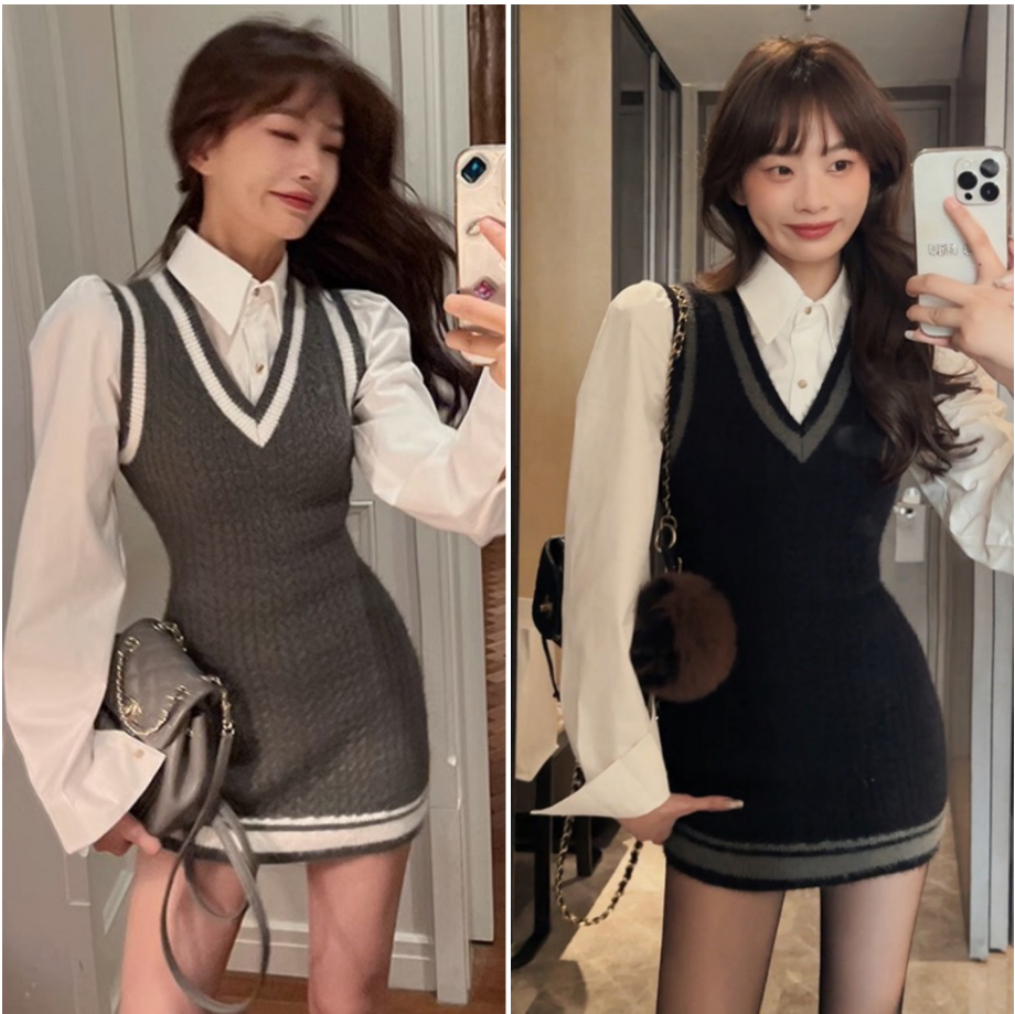 한국 스타일 새로운 달콤한 매운맛 바람 품격 고급 센스 가을 겨울 니트 조끼 여성 드레스 순수한 욕망 타이트 스커트 치마