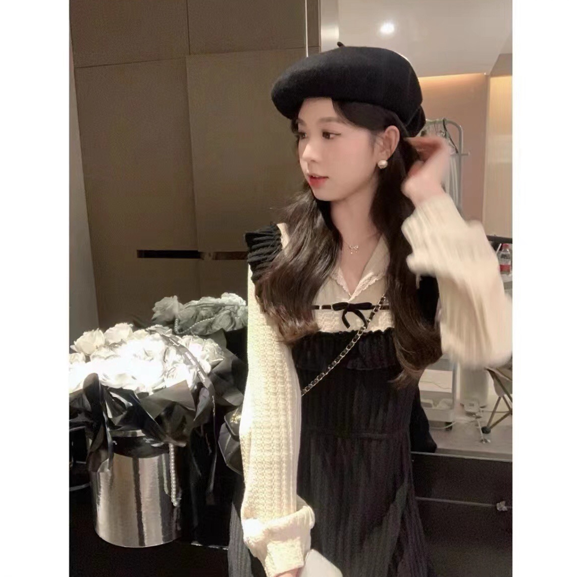 小奶蓋 復古甜心~蕾絲顯瘦法式小黑裙溫柔甜美假兩件拼接連衣裙