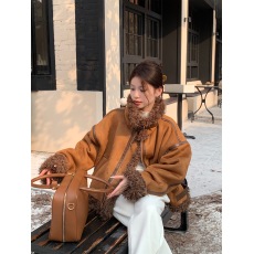 批发实拍~韩系机车服皮毛一体宽松翻领圈圈毛保暖外套