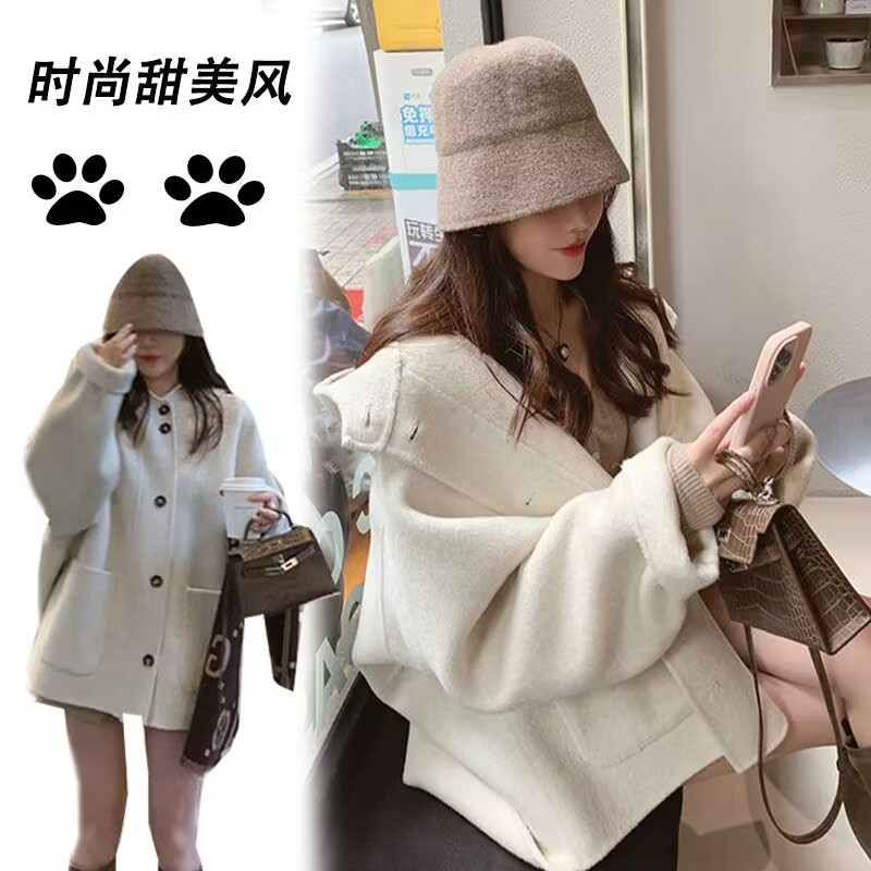 Xiaoxiangfeng rose pink cloak woolen coat for women autumn and winter  new hooded double-sided woolen coat