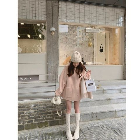 Xiaoxiangfeng rose pink cloak woolen coat for women autumn and winter  new hooded double-sided woolen coat