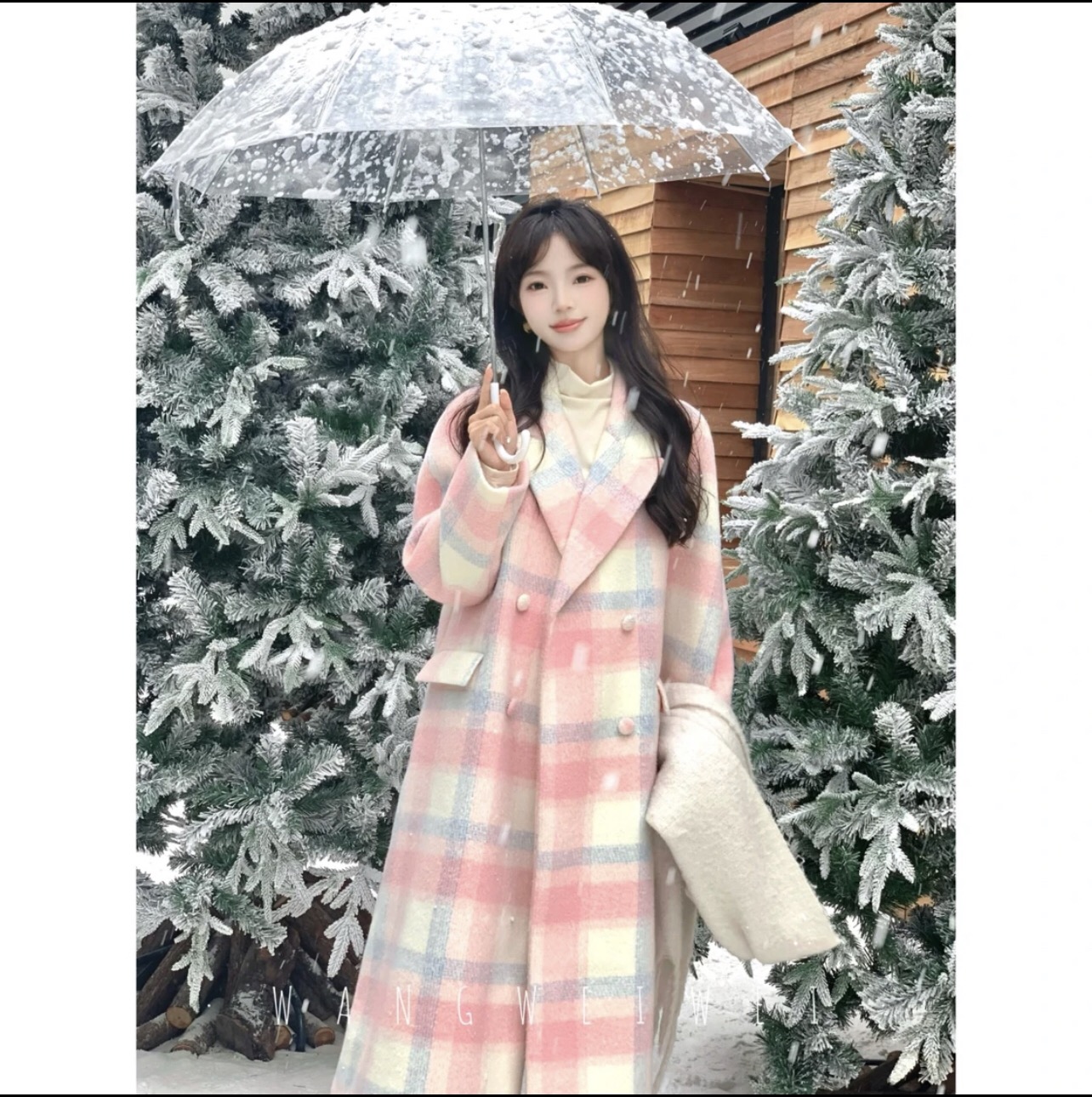 Tipsy Sweet Tea 2023 Autumn and Winter Sweet Contrast Color Plaid Down Cotton Wool Long Coat
