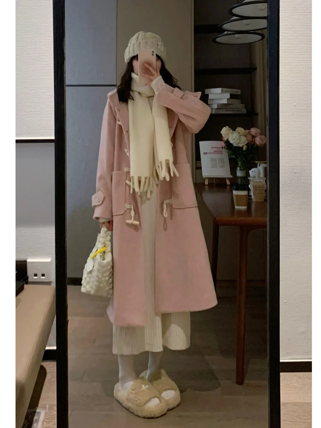 Horn button woolen coat for women  new autumn and winter Korean style loose and gentle temperament thickened hooded woolen coat