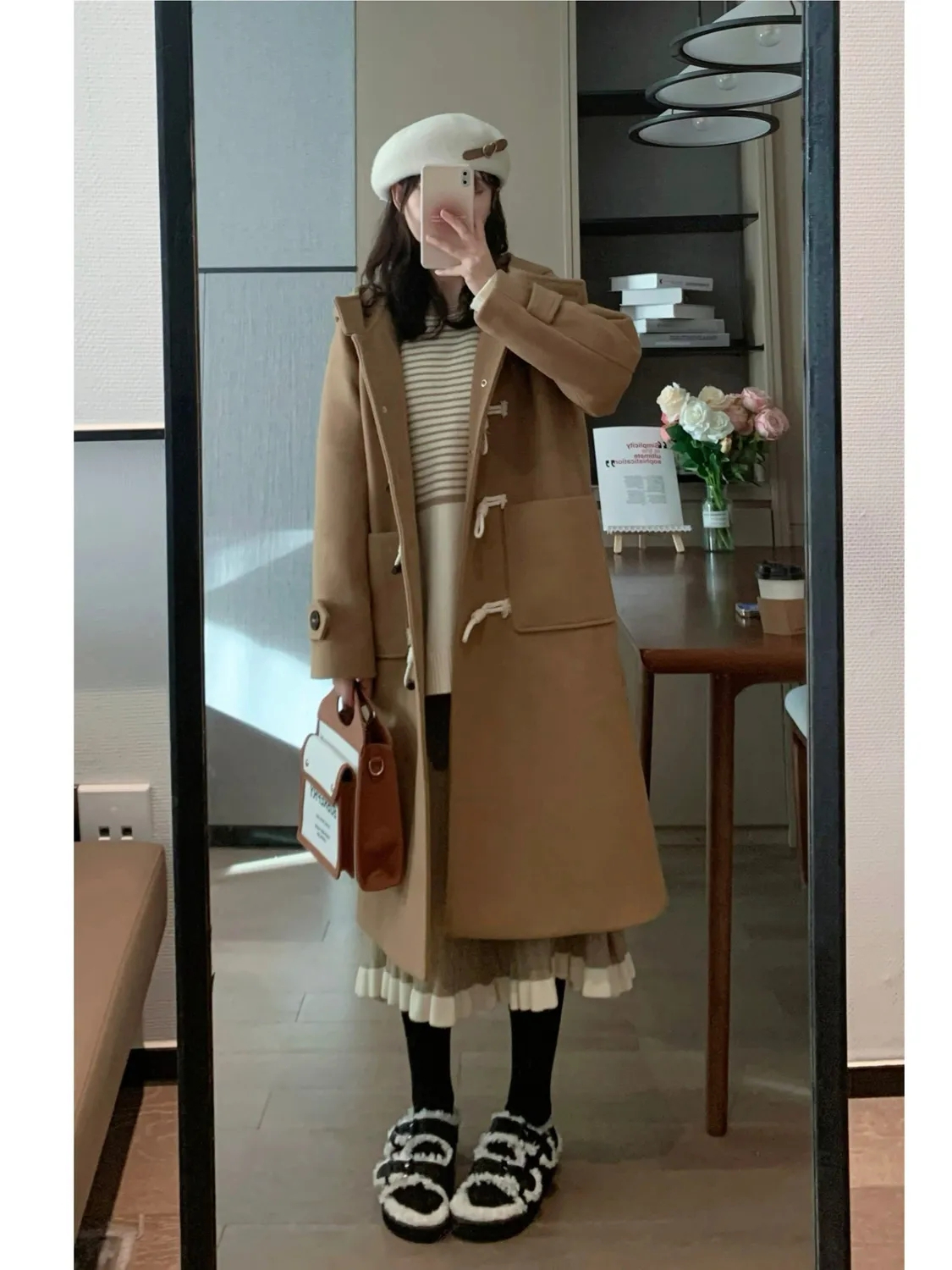 Horn button woolen coat for women  new autumn and winter Korean style loose and gentle temperament thickened hooded woolen coat