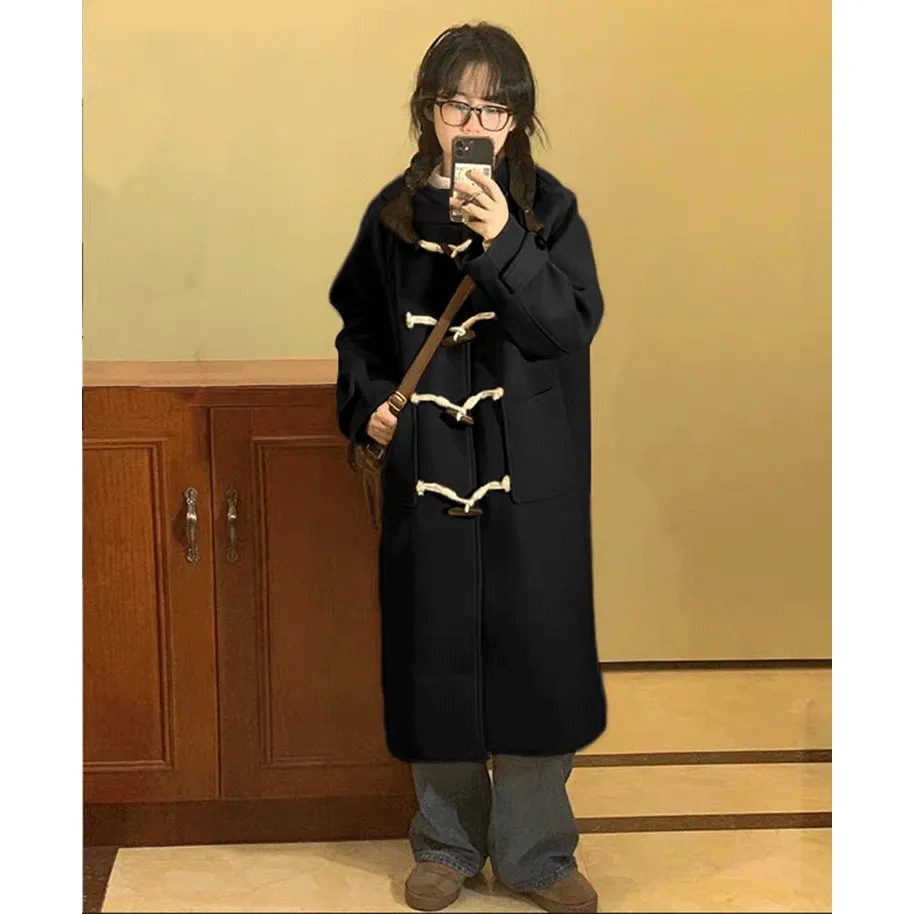 Horn button woolen coat for women  new autumn and winter Korean style loose and gentle temperament thickened hooded woolen coat