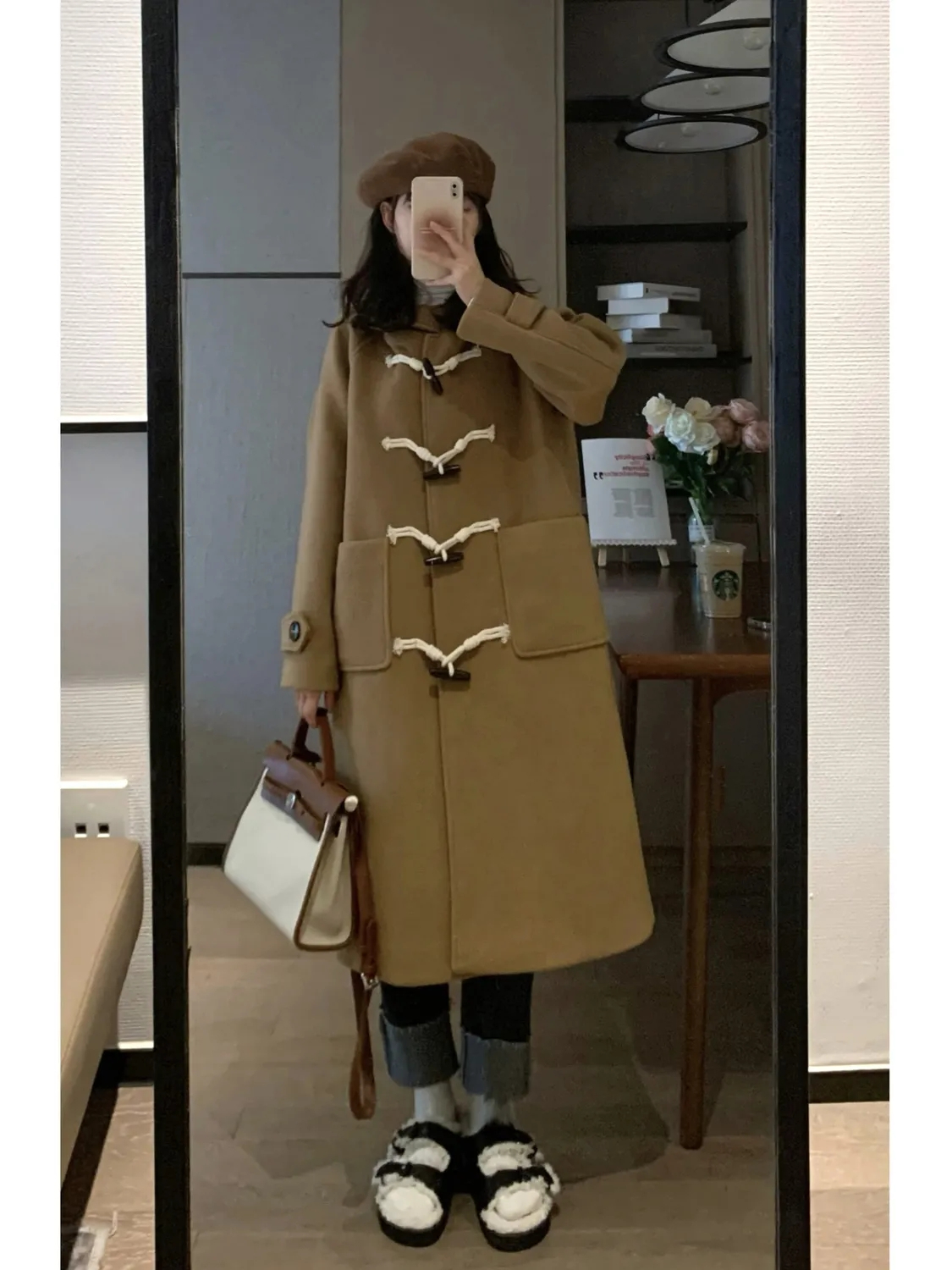 Horn button woolen coat for women  new autumn and winter Korean style loose and gentle temperament thickened hooded woolen coat