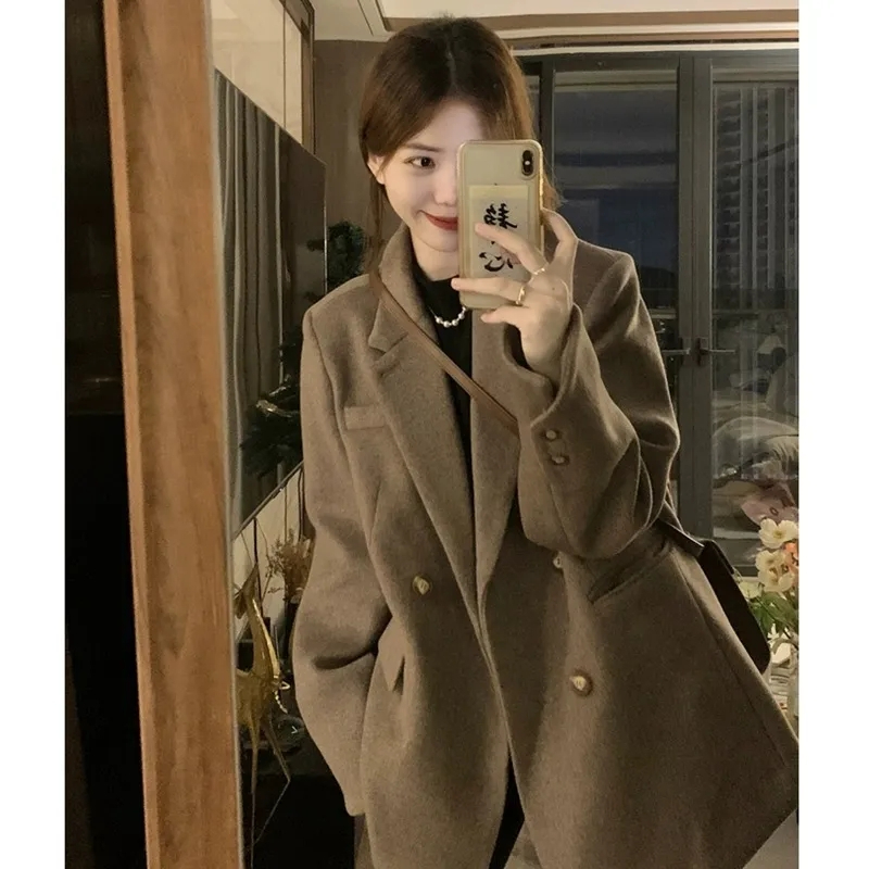 High-end suit woolen coat for women  autumn and winter new style retro small person loose thickened woolen coat