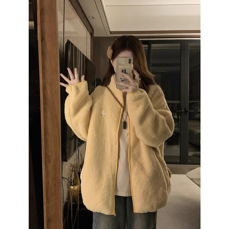 Cute lamb wool cotton coat for women autumn and winter  new Korean style loose student warm thickened plush cotton coat