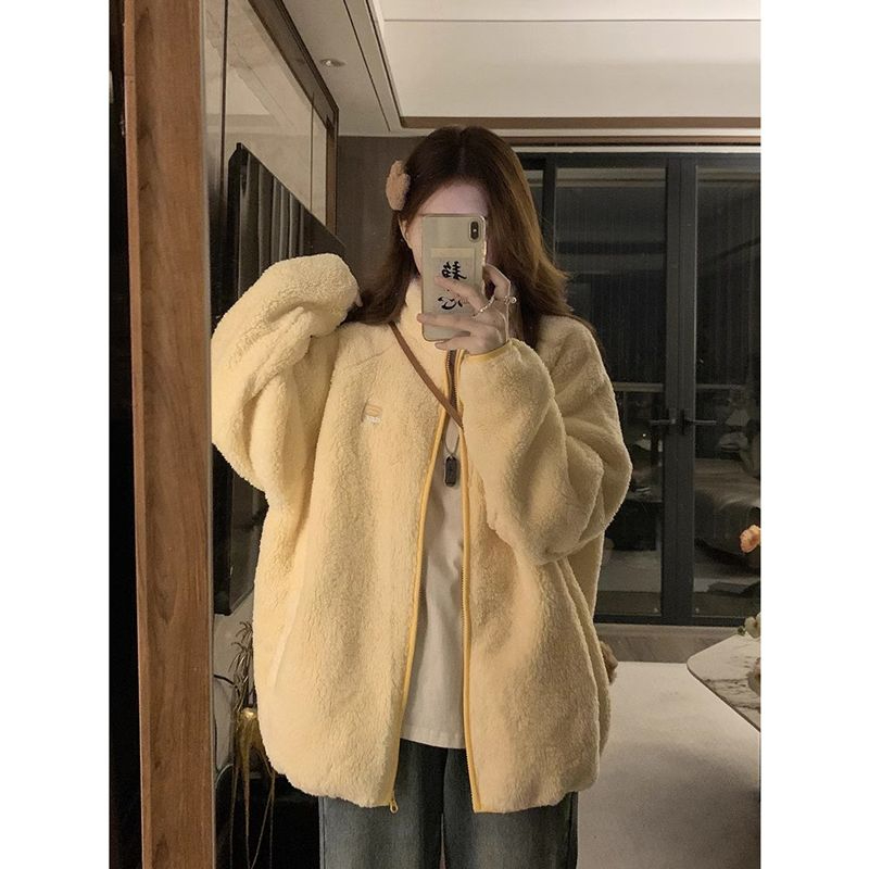 Cute lamb wool cotton coat for women autumn and winter  new Korean style loose student warm thickened plush cotton coat