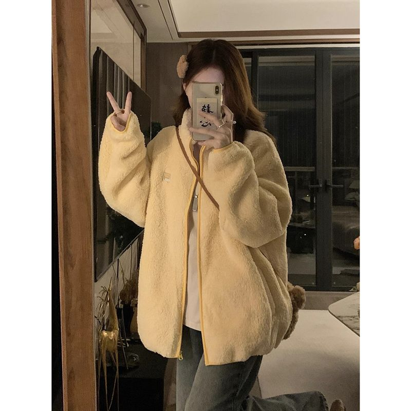 Cute lamb wool cotton coat for women autumn and winter  new Korean style loose student warm thickened plush cotton coat