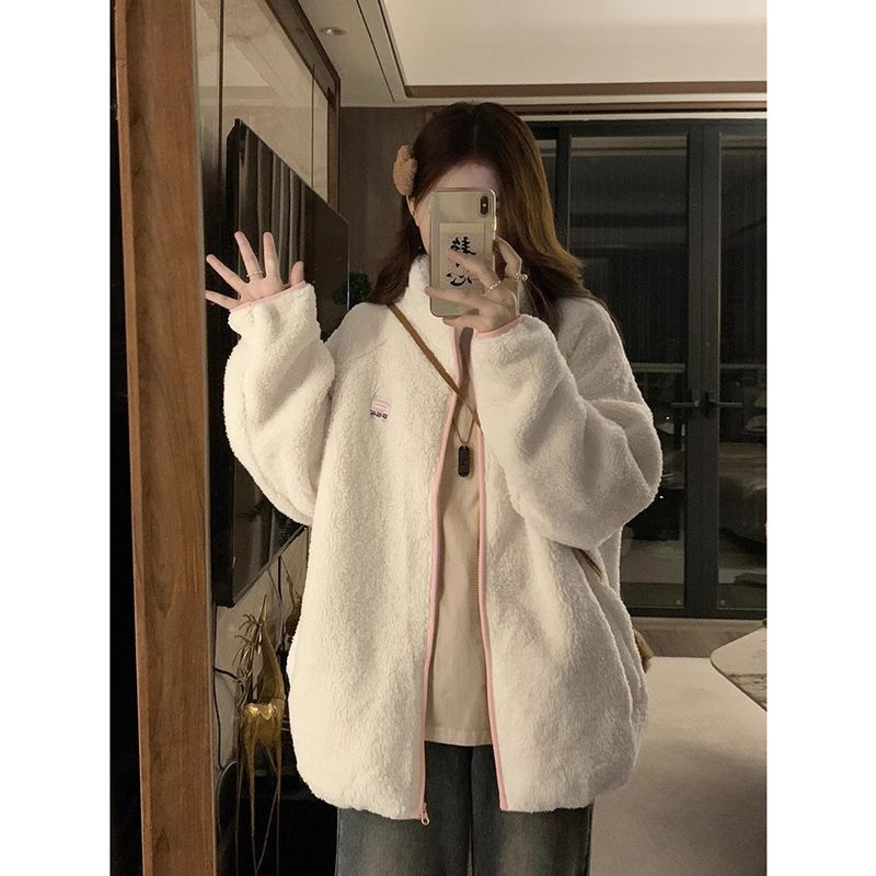 Cute lamb wool cotton coat for women autumn and winter  new Korean style loose student warm thickened plush cotton coat