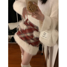 批发实拍实价 圣诞红色毛呢格子拼接毛毛<b class='q'>半身裙</b>复古高腰修身A字裙短裙