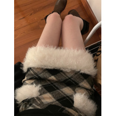 批发实拍实价 圣诞红色毛呢格子拼接毛毛<b class='q'>半身裙</b>复古高腰修身A字裙短裙