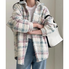 批发韩版秋冬原宿风<b class='q'>衬衫</b>中长款翻领撞色圈圈毛外套宽松<b class='q'>格子</b>毛呢大衣女