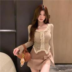 批发三标蕾丝花边针织衫上衣女秋冬纯欲不规则<b class='q'>修身</b>短款毛衣内搭打底衫