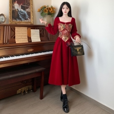 批发大码女装敬酒服新娘装丝绒长袖订婚<b class='q'>礼服</b>连衣裙回门便装酒红色冬