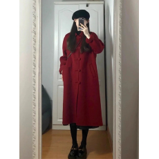 批发复古盘扣红色呢子大衣<b class='q'>女</b>2025秋冬新款韩系赫本风气质加厚毛呢外套