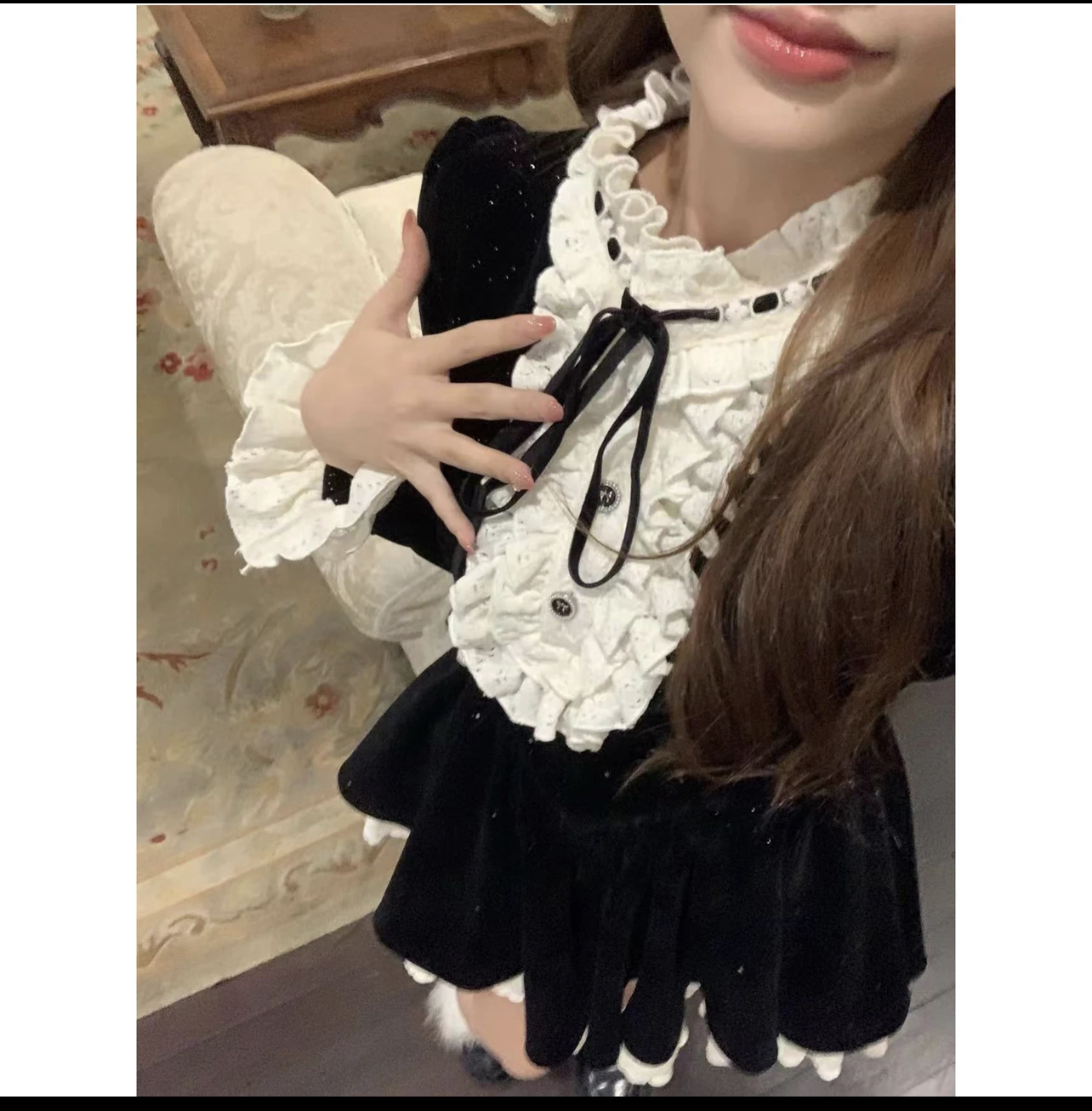 REESE MIU 系千金秋冬甜美氣質顯瘦小眾長袖黑色小禮服裙