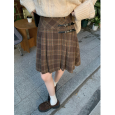 批发秋冬韩系高腰A<b class='q'>字</b>百褶<b class='q'>裙</b>皮扣设计复古格子毛呢半身短<b class='q'>裙</b>