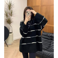 批发大码女装胖mm<b class='q'>秋</b>冬装慵懒风条纹拼色软糯长袖针织衫女宽松百搭毛衣