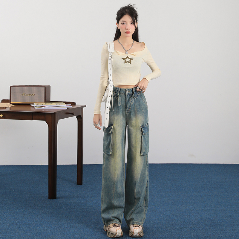 Actual shot of 2024 early spring new workwear jeans for women, high-waisted, loose, American hottie straight-leg wide-leg pants