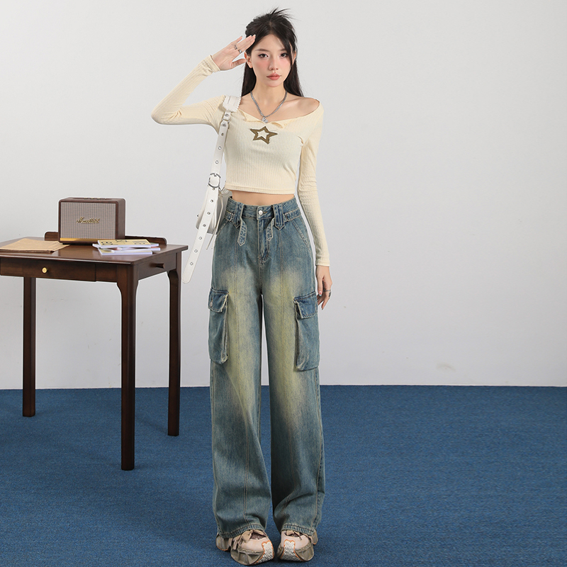 Actual shot of 2024 early spring new workwear jeans for women, high-waisted, loose, American hottie straight-leg wide-leg pants